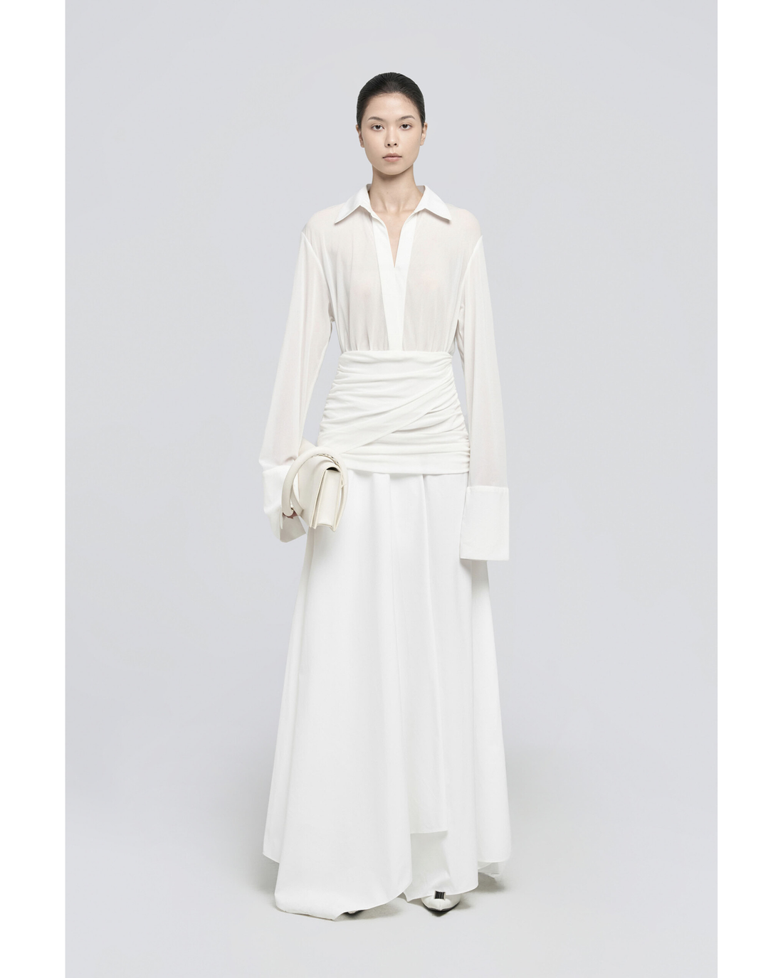 Campa Maxi Dress in cream features a collared shirt top with ruched waist detail and flowing maxi skirt — Chats By C.Dam | Endless UAE