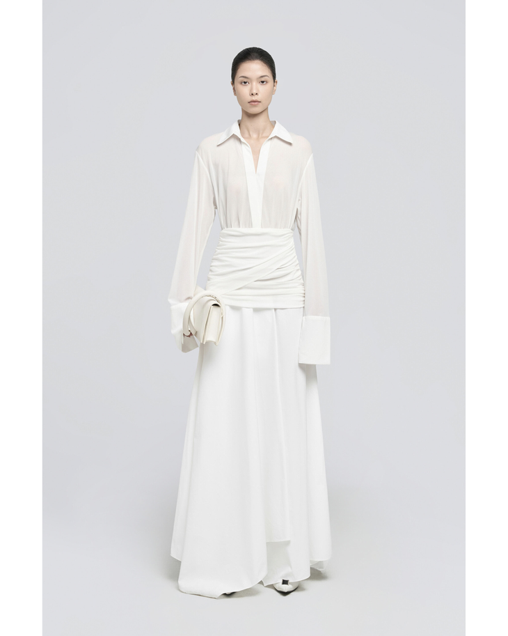 Campa Maxi Dress in cream features a collared shirt top with ruched waist detail and flowing maxi skirt — Chats By C.Dam | Endless UAE