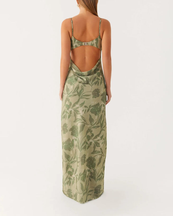 Alouette Dress in green floral print with thin straps and thigh slit — Peppermayo | Endless UAE