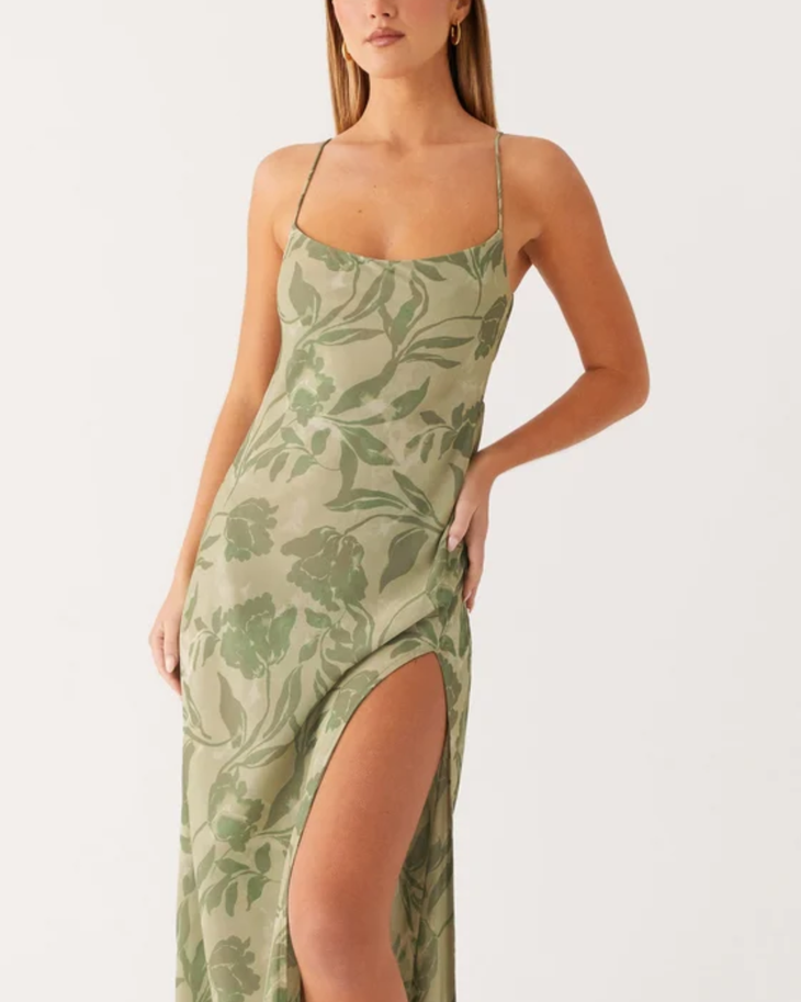 Alouette Dress in green floral print with thin straps and thigh slit — Peppermayo | Endless UAE