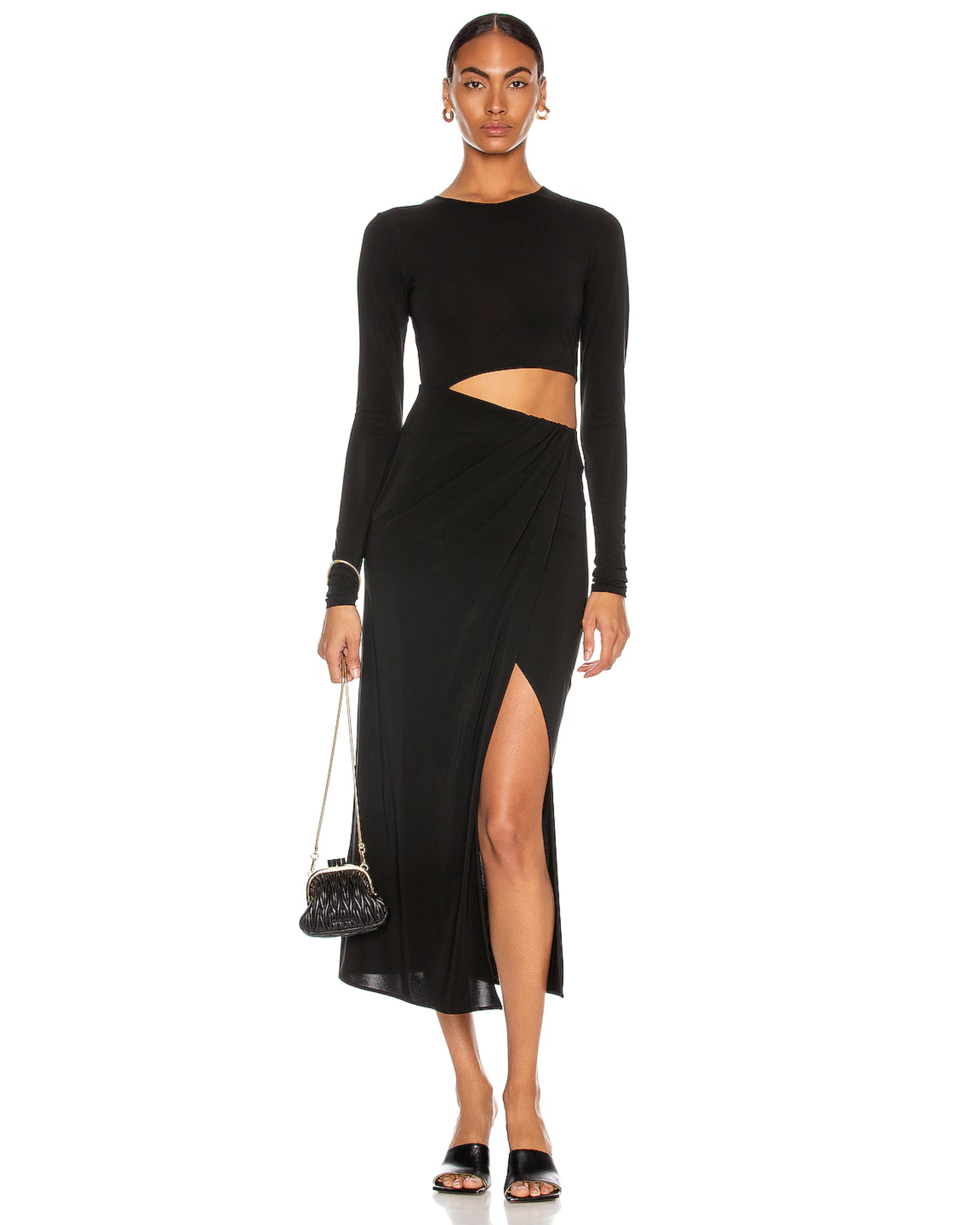 Black cut-out midi dress with long sleeves and high slit — The Andamane | Endless UAE