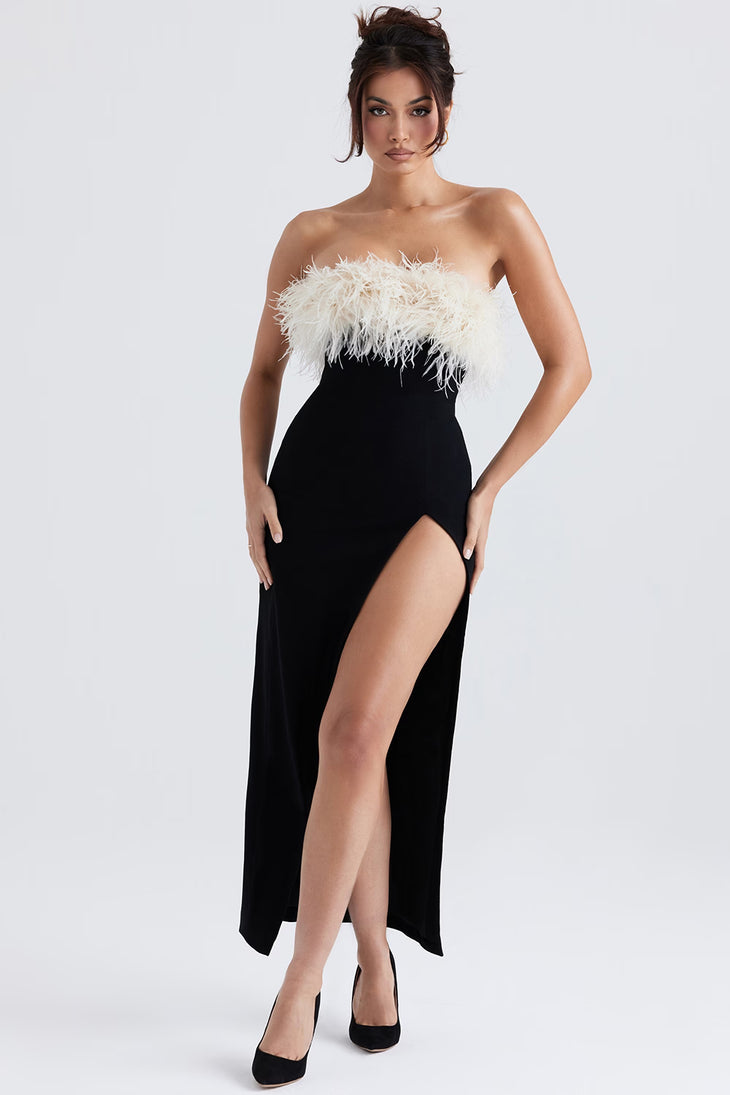 Black strapless midi dress with cream feathered bodice and thigh-high slit — House of CB | Endless UAE