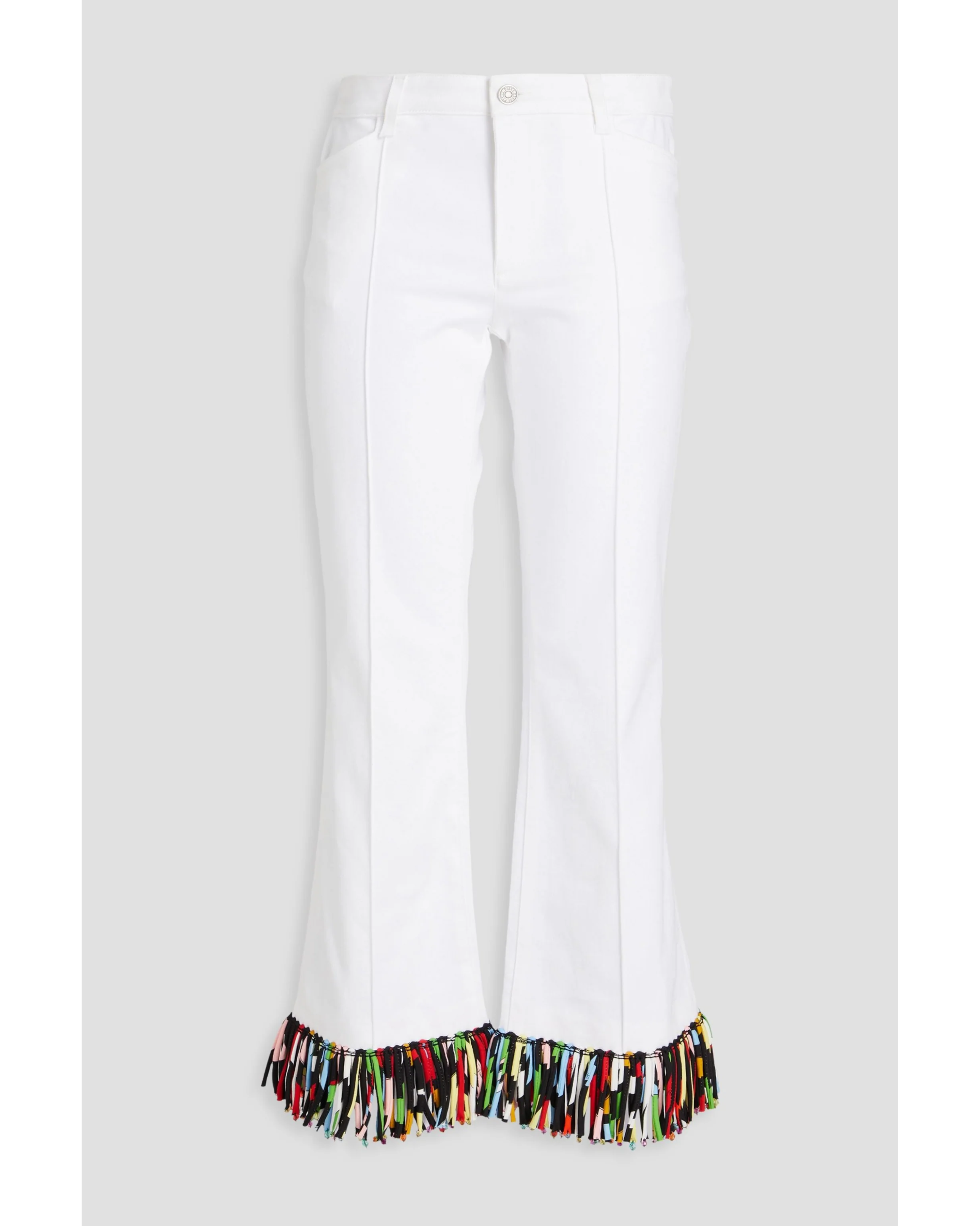 White cotton-blend kick-flare pants with colorful fringe trim at hem — Emilio Pucci | Endless UAE