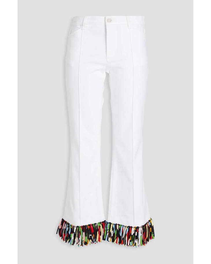 White cotton-blend kick-flare pants with colorful fringe trim at hem — Emilio Pucci | Endless UAE