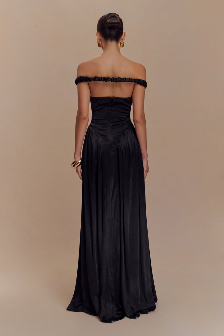 Black off-shoulder maxi dress with dropped waist and pleated skirt — Meshki | Endless UAE