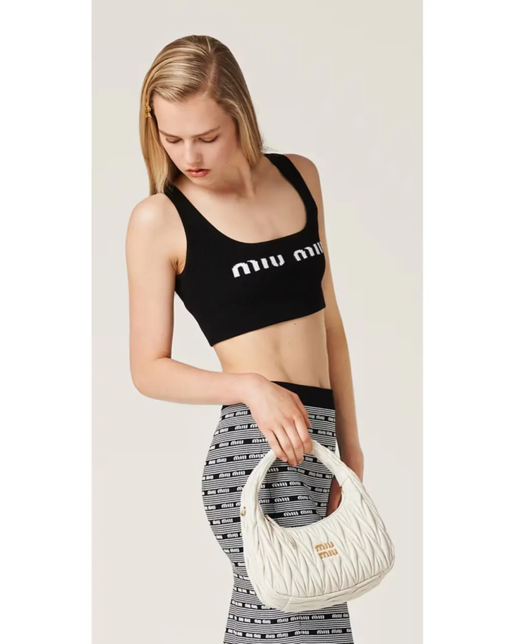 Black ribbed viscose tank top with white Miu Miu logo — Miu Miu | Endless UAE
