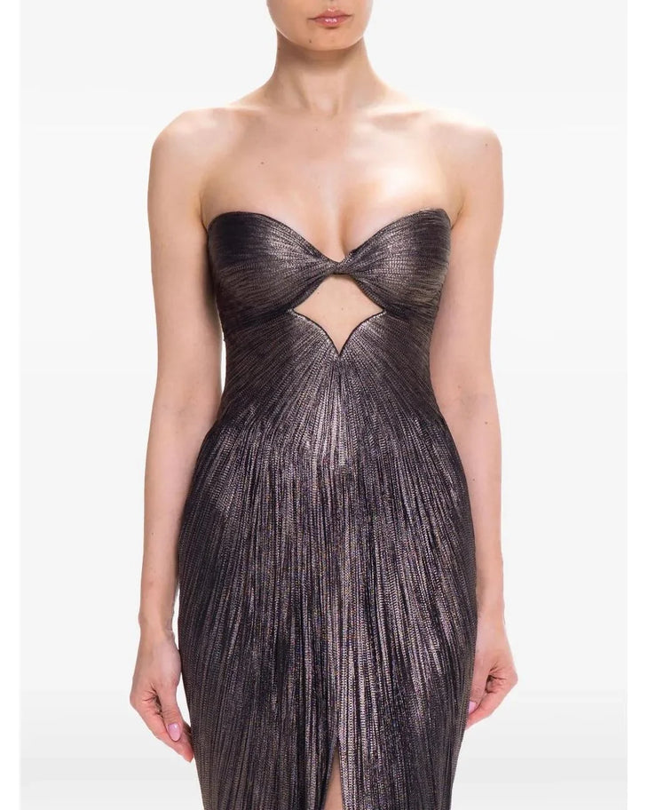 Black pleated strapless maxi dress with cutout detail and high slit — Maria Lucia Hohan | Endless UAE