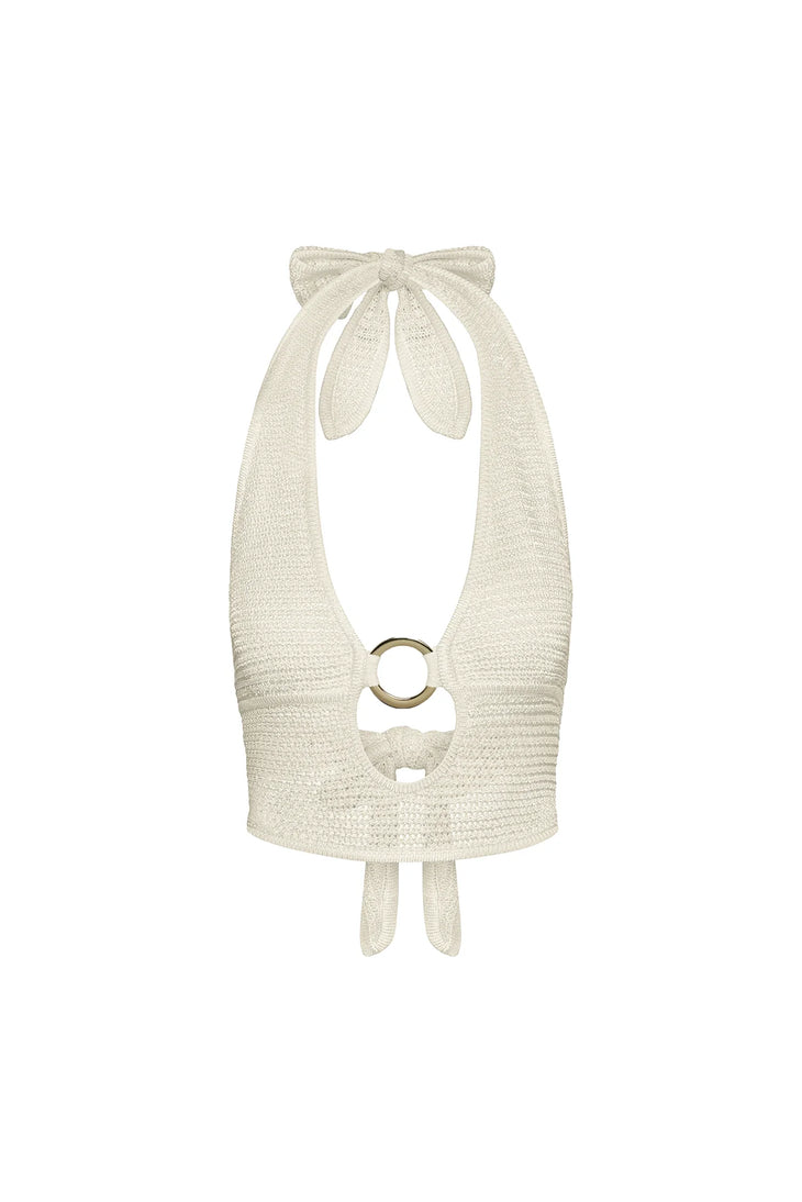 Ivory shiny knit halter crop top with circular cutout detail — Monday Swimwear | Endless UAE