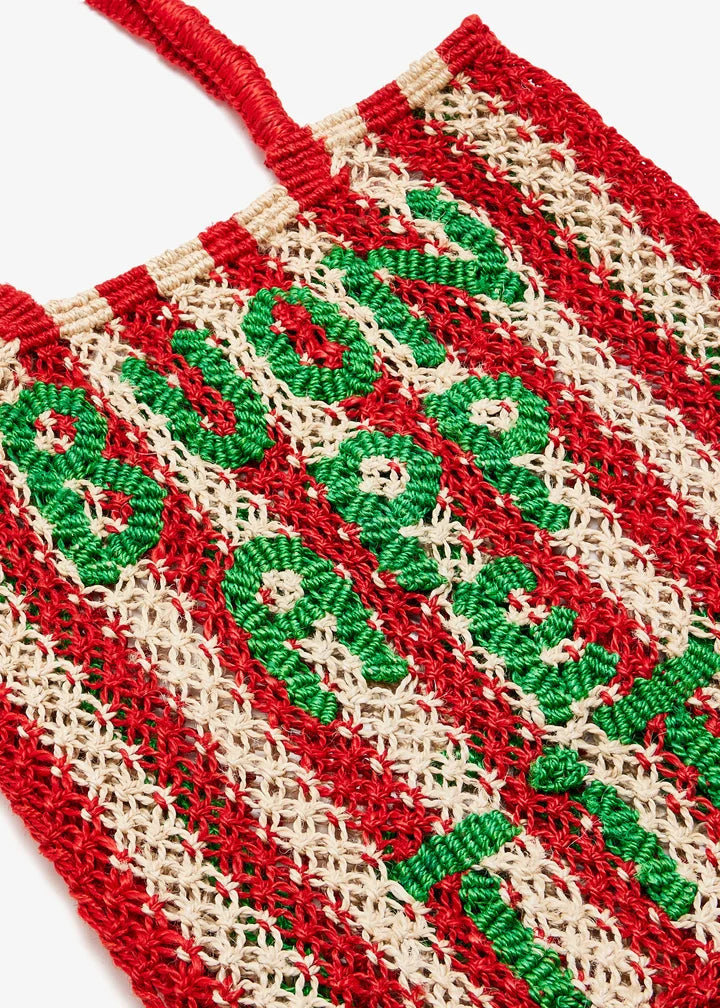 Red and green crocheted tote bag with striped pattern and handles — The Jacksons | Endless UAE