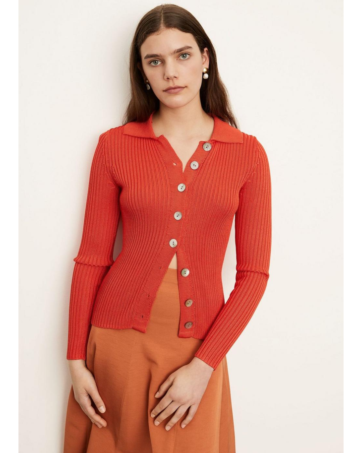 Red ribbed collared cardigan with button front and long sleeves — Vince Camuto | Endless UAE
