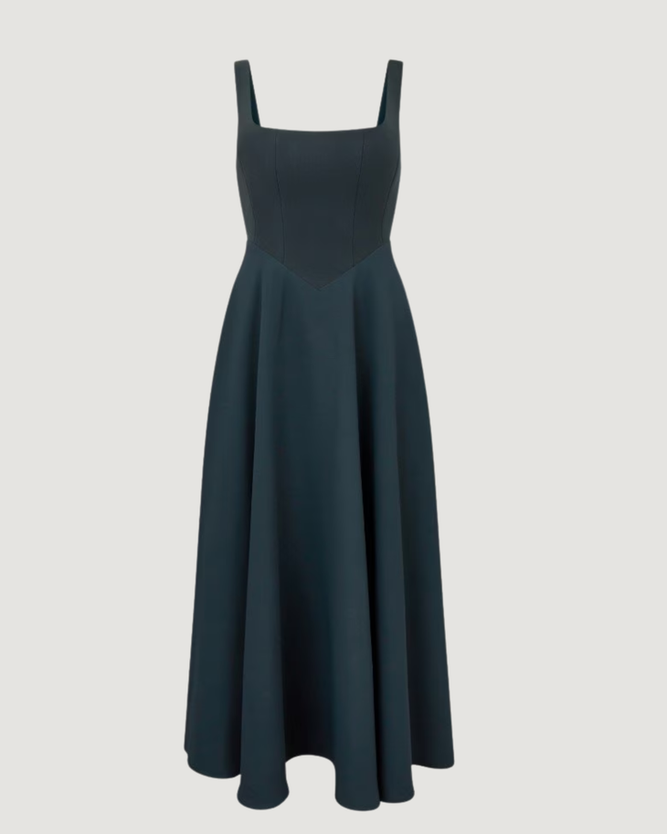 Woman wearing teal square neck midi dress with full skirt and strappy sandals — ODD MUSE | Endless UAE