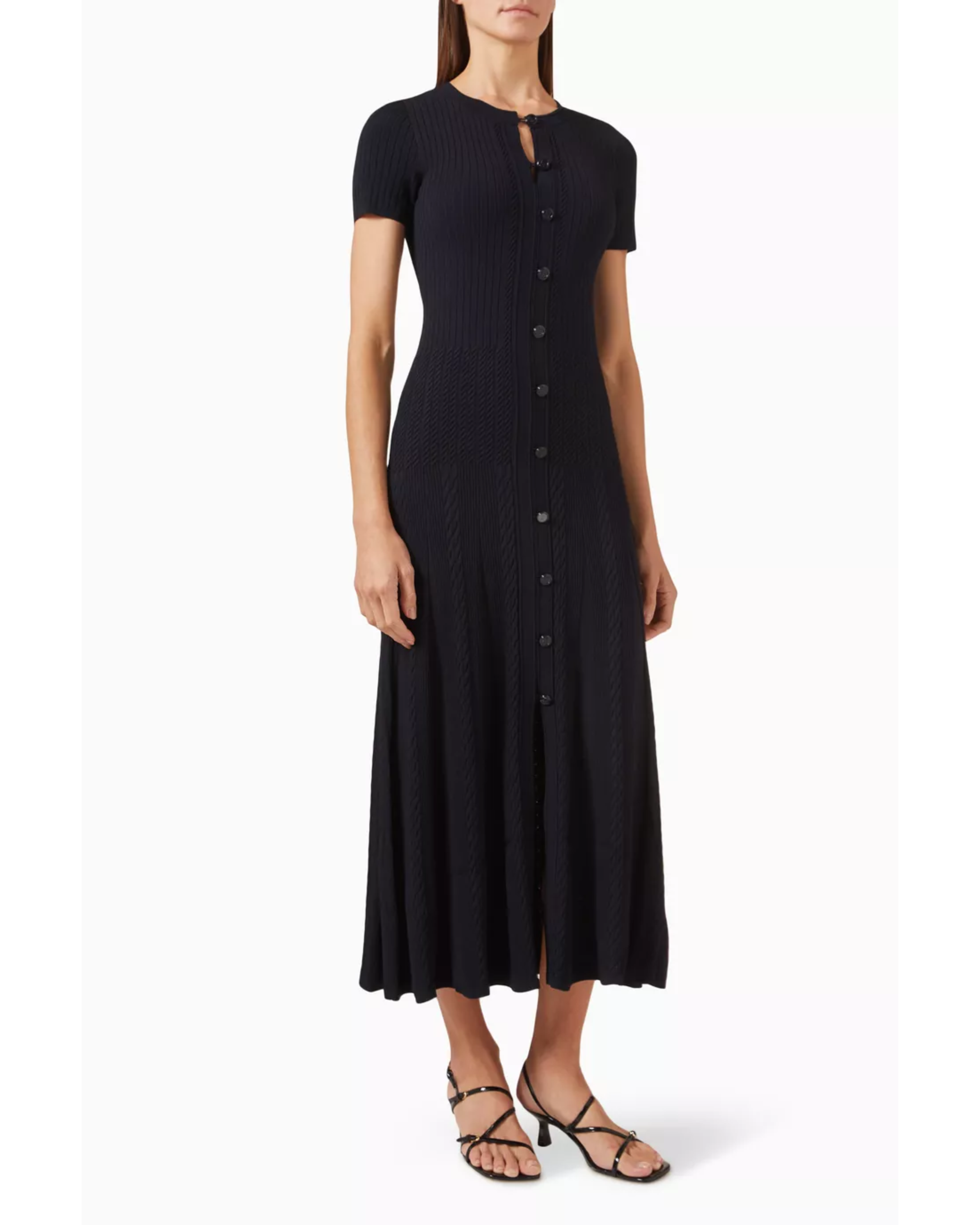 Black ribbed maxi dress with short sleeves and button-front closure — Sandro | Endless UAE