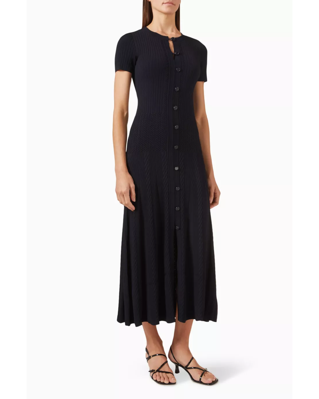 Black ribbed maxi dress with short sleeves and button-front closure — Sandro | Endless UAE