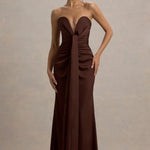 Burgundy satin plunge-neck draped maxi dress with ruched waist detail — Club L London | Endless UAE