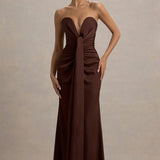 Burgundy satin plunge-neck draped maxi dress with ruched waist detail — Club L London | Endless UAE