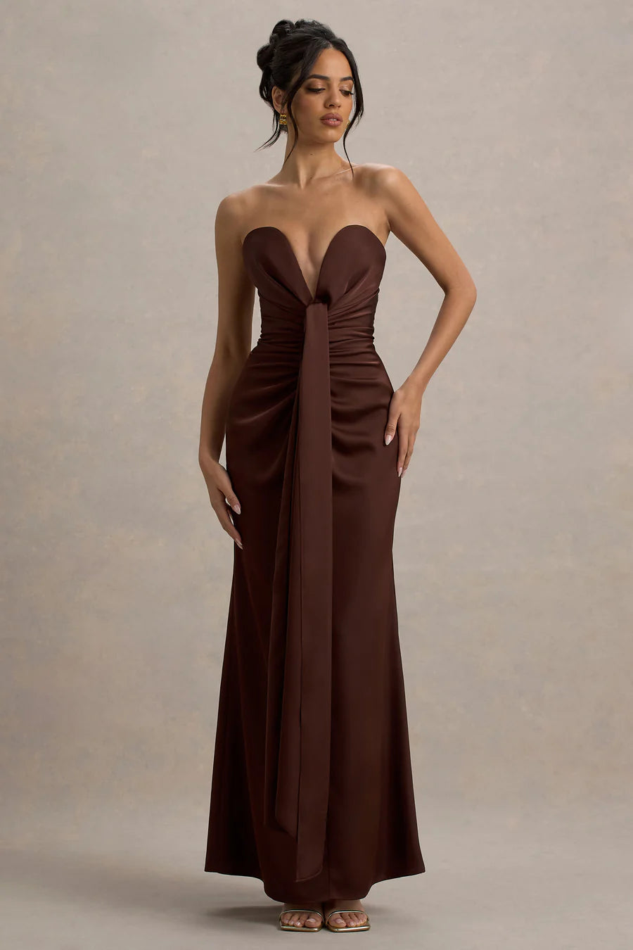 Burgundy satin plunge-neck draped maxi dress with ruched waist detail — Club L London | Endless UAE