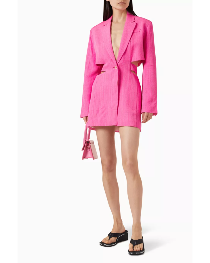 Pink linen mini blazer dress with cutout waist detail and single button closure — Jacquemus | Endless UAE