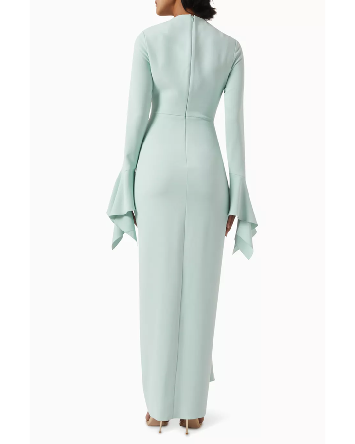 Della Draped Maxi Dress in sage green with bell sleeves and ruched waist detail — Solace London | Endless UAE