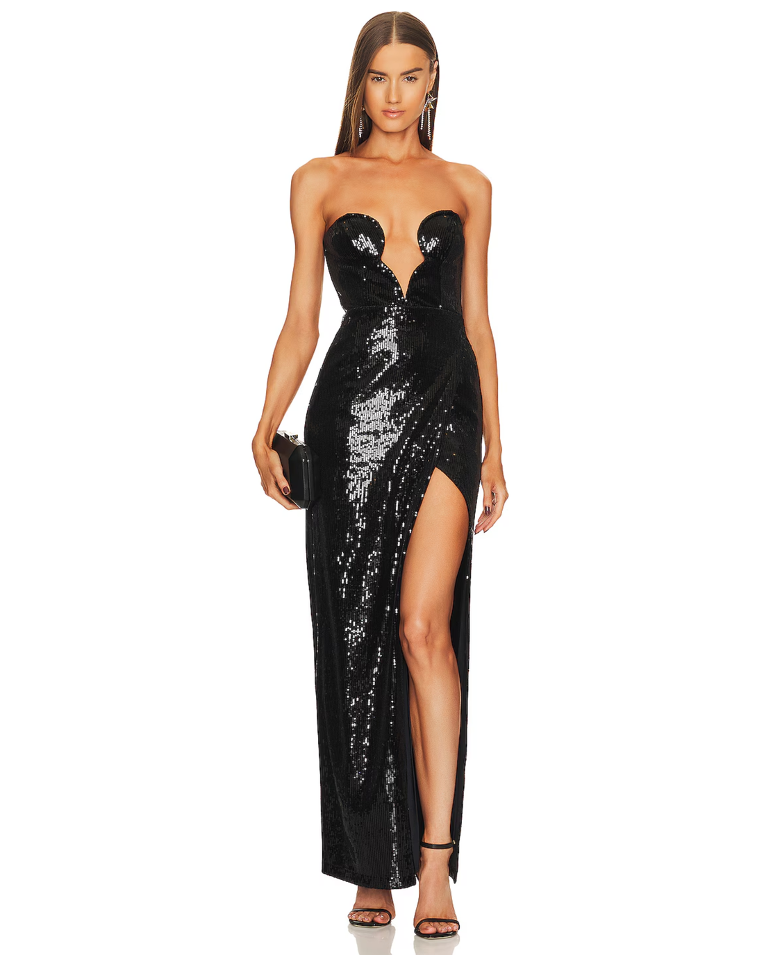Black sequin strapless wrap maxi dress with high slit — Michael Costello | Endless UAE