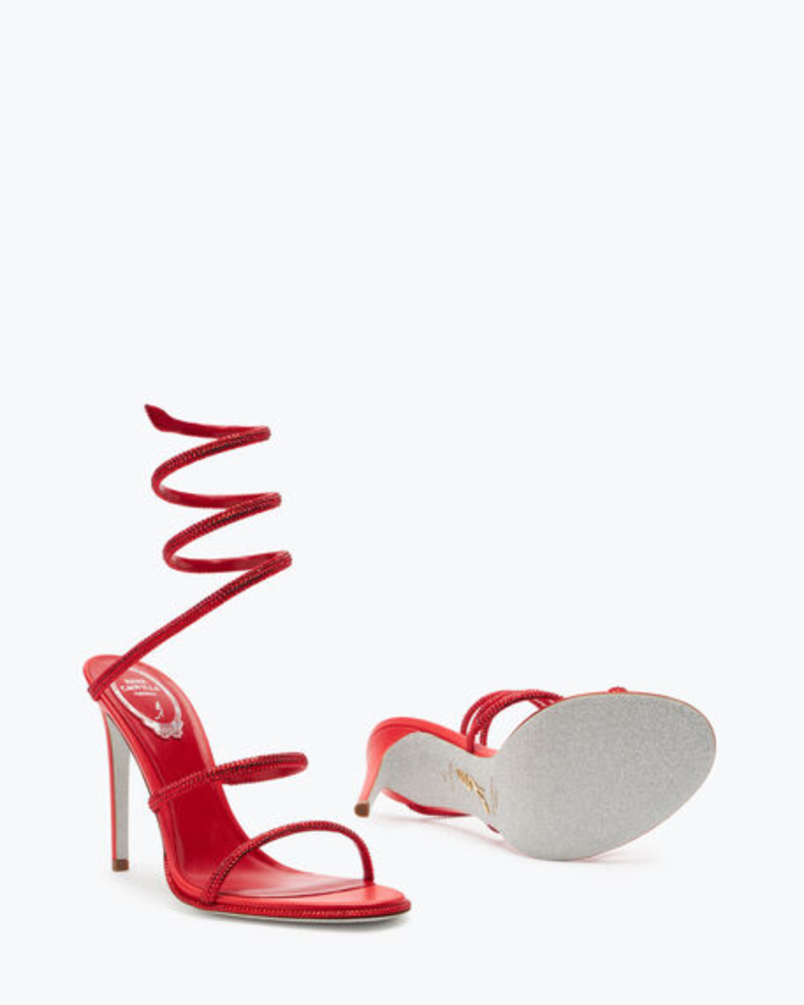 Red strappy sandals with spiral ankle wrap and embellished detailing — Renee Caovilla | Endless UAE