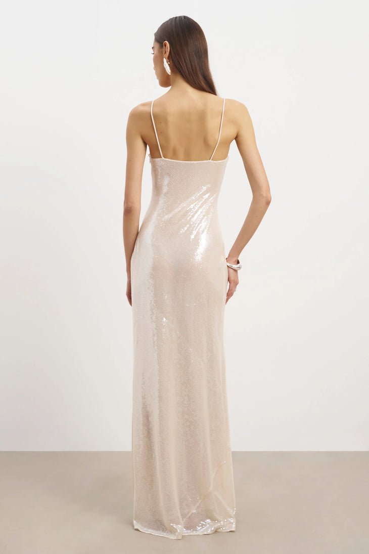 Ivory sequin camisole maxi dress with thin straps and flowing silhouette — Because of Alice | Endless UAE