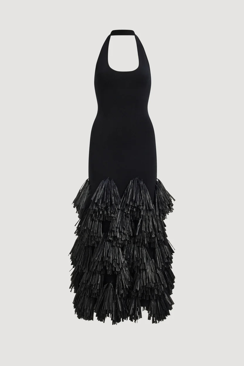 Black halter neck knit dress with tiered raffia fringe skirt — Aje | Endless UAE