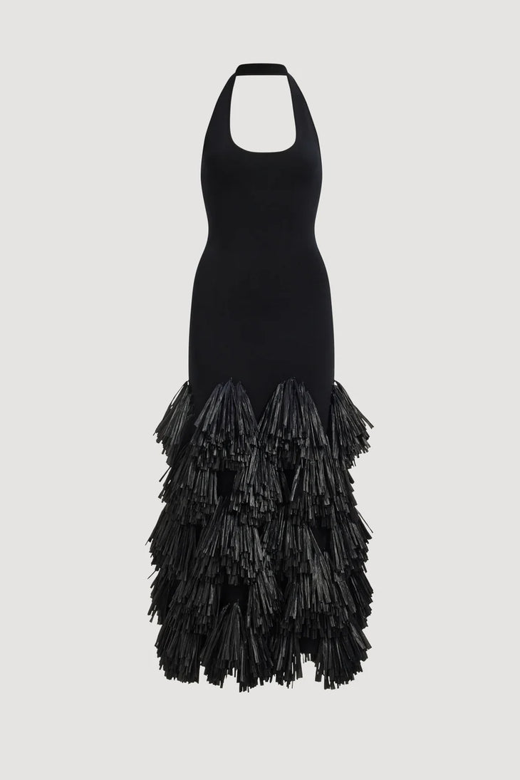 Black halter neck knit dress with tiered raffia fringe skirt — Aje | Endless UAE