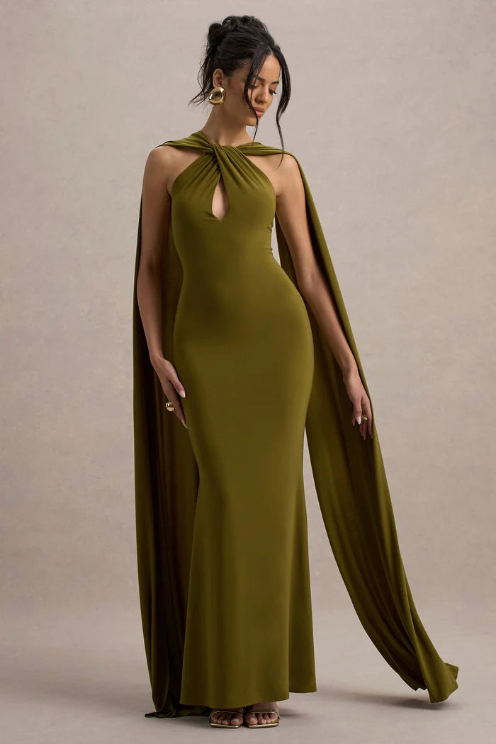 Olive green halter-neck cape maxi dress with twisted neckline detail — Club L London | Endless UAE