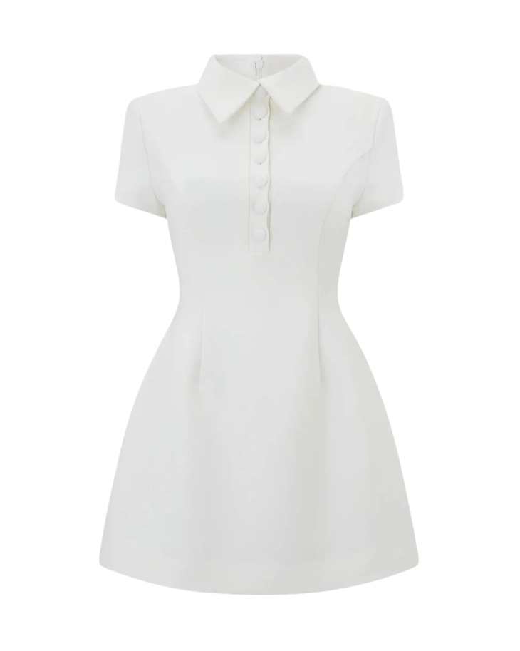 White collared volume mini dress with short sleeves and front pockets — Odd Muse | Endless UAE