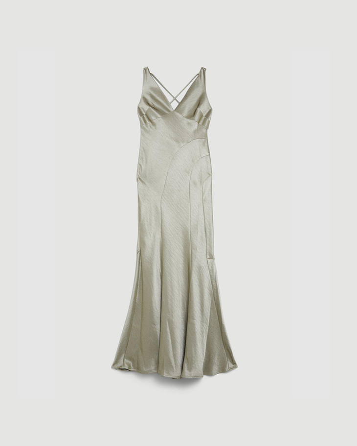 Beige sleeveless wrap maxi dress with curved seam details — Karen Millen | Endless UAE