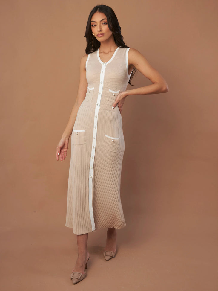 Pearl knit dress with button front and pocket details on cream background — Marble | Endless UAE