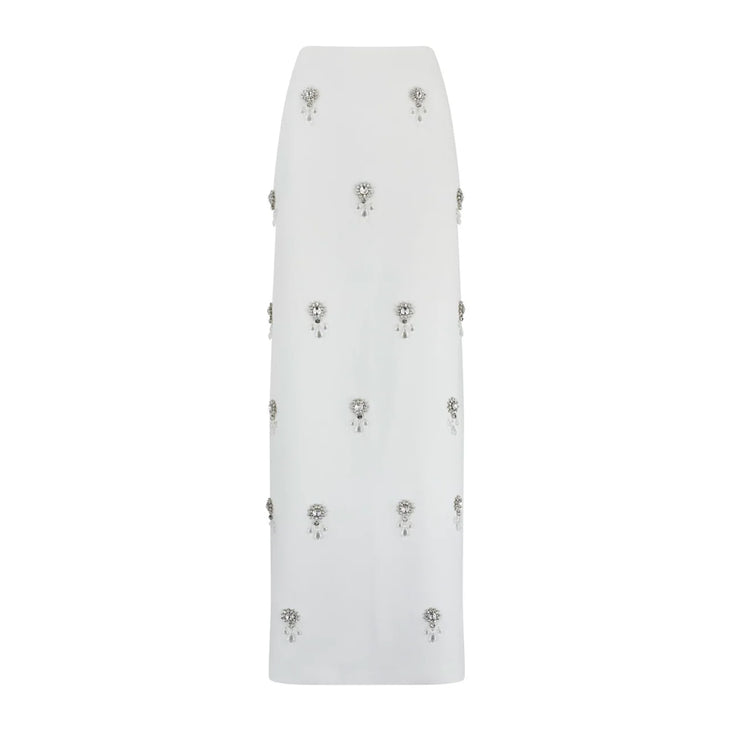 Crystal-embellished white maxi skirt with beige waistband on model — Odd Muse | Endless UAE