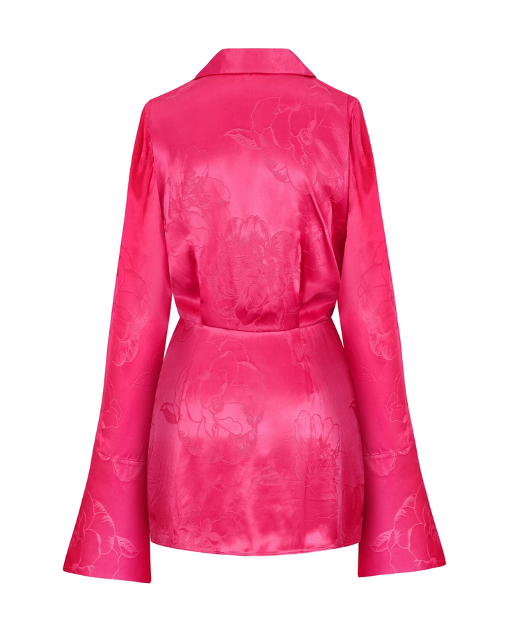 Paloma Mini Dress in hot pink with floral jacquard pattern and bell sleeves — Rat and Boa | Endless UAE