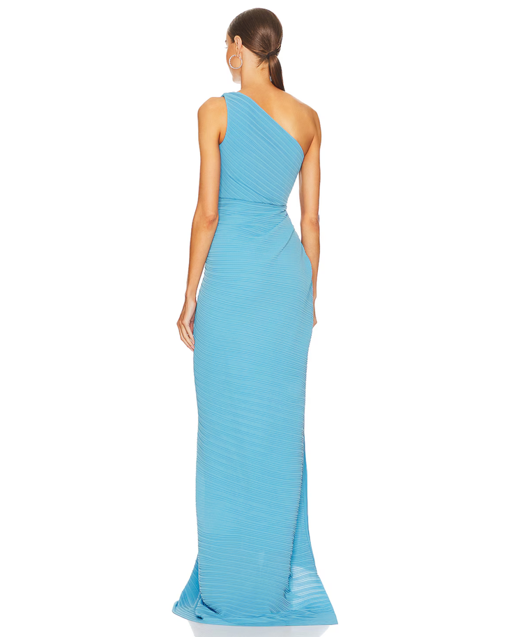 Turquoise pleated one-shoulder maxi dress with high slit and ruched waist detail — Solace London | Endless UAE