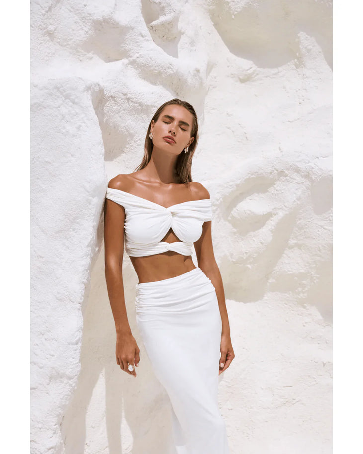 White off-shoulder crop top and ruched skirt co-ord set — By ALLE | Endless UAE