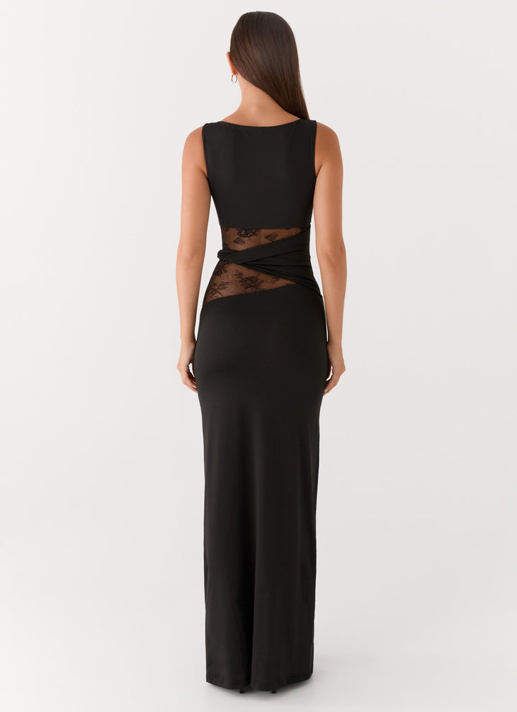 Black sleeveless maxi dress with sheer lace waist detail — Peppermayo | Endless UAE