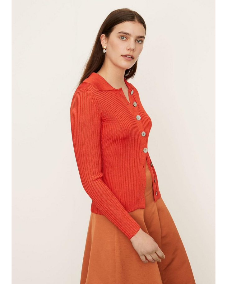 Red ribbed collared cardigan with button front and long sleeves — Vince Camuto | Endless UAE