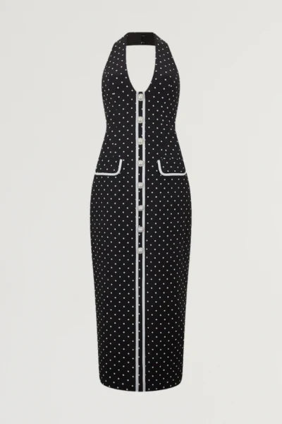 Black polka dot halter midi dress with white button front and pocket details — Odd Muse | Endless UAE