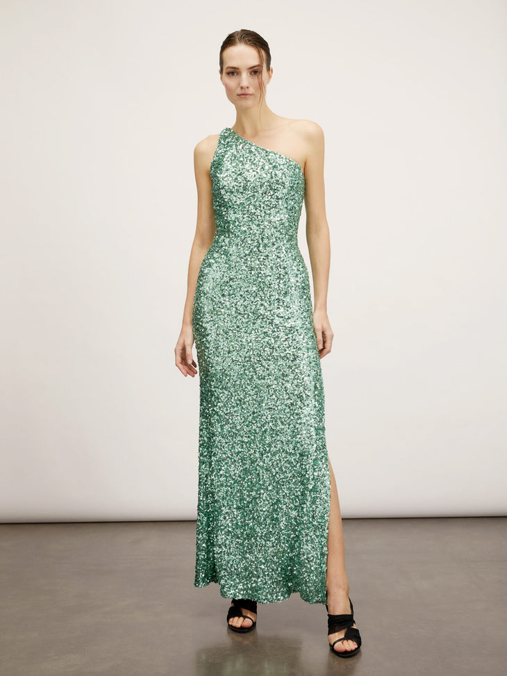 One-shoulder full-sequin long dress in sage green with high slit — Motivi | Endless UAE