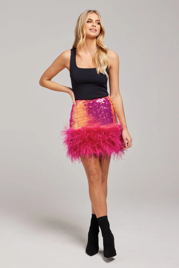 Roxy Pink Feather Mini Skirt with sequin details and feathered hem — Nadine Merabi | Endless UAE