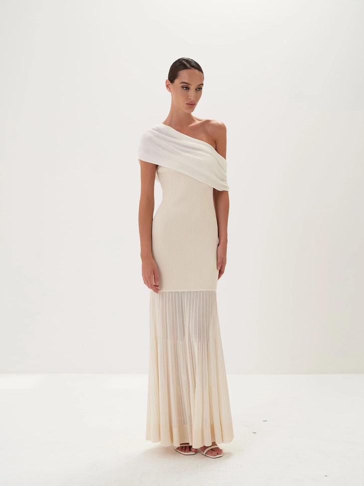 Cream ribbed strapless maxi gown with detachable scarf collar and pleated hem — Nora The Label | Endless UAE