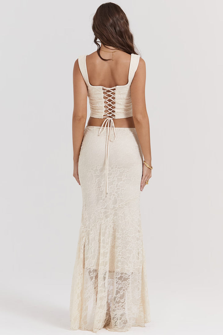 Cream lace two-piece co-ord set with square neckline crop top and maxi skirt — House of CB | Endless UAE