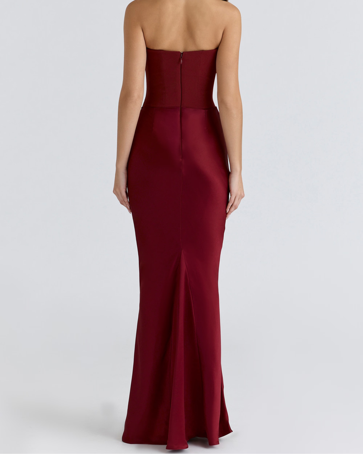 Burgundy strapless corset maxi dress with ruched waist detail — House of CB | Endless UAE