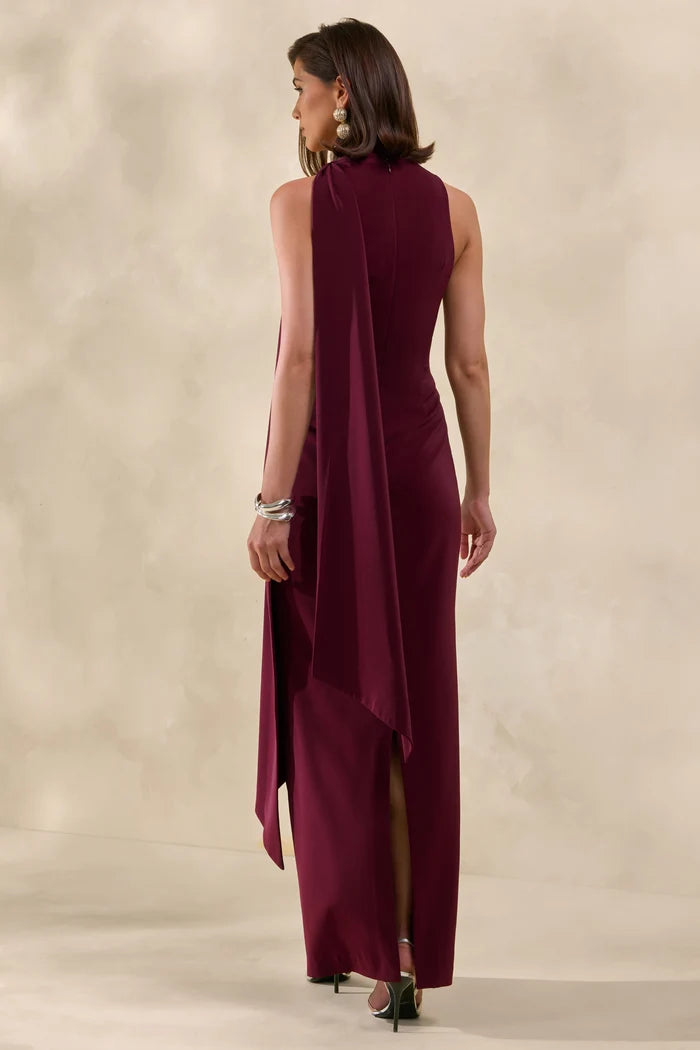 Burgundy satin high-neck maxi slip dress with lace detail — Club L London | Endless UAE