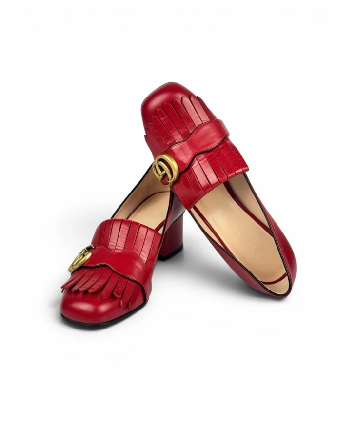 Red leather GG Marmont loafers with fringe and gold hardware — Gucci | Endless UAE