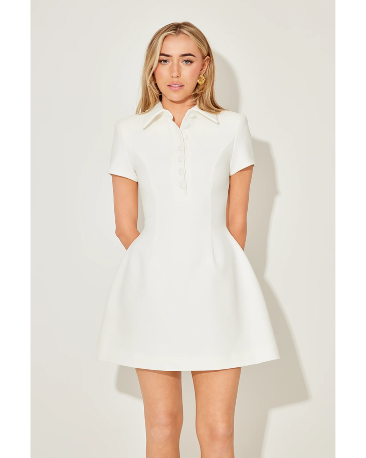 White collared volume mini dress with short sleeves and front pockets — Odd Muse | Endless UAE