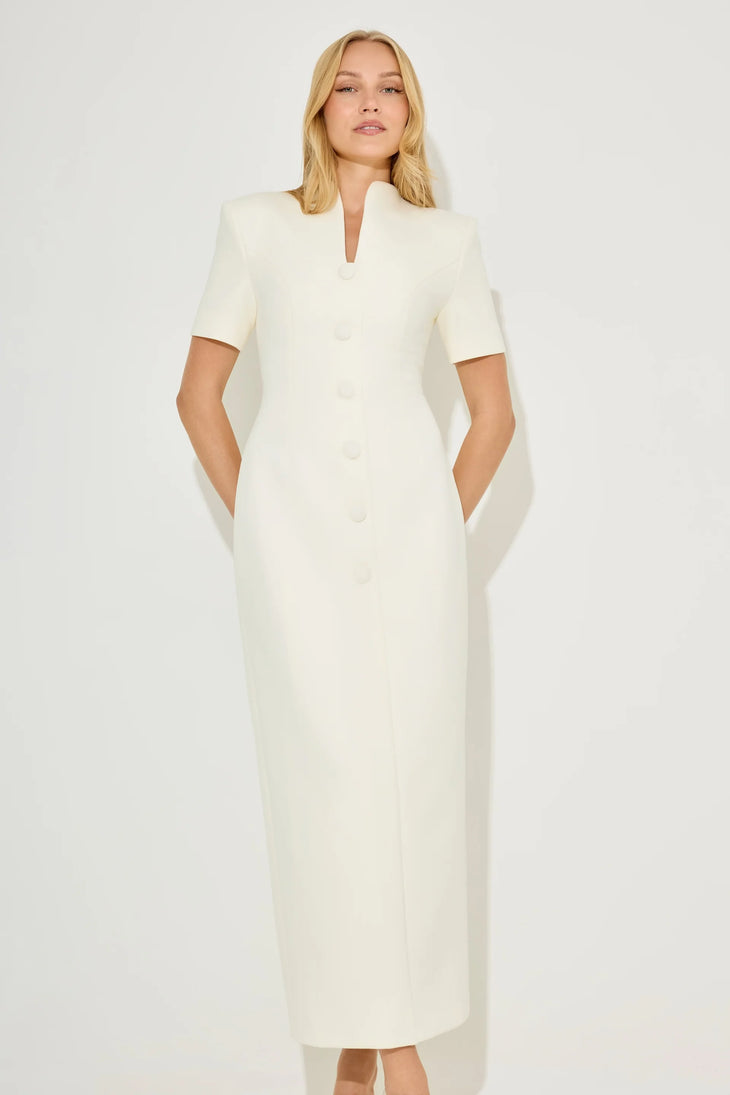White cotton mix button midi dress with short sleeves — Odd Muse | Endless UAE