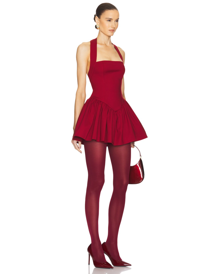 Burgundy faille halter mini dress with pleated skirt and matching tights — Helsa | Endless UAE