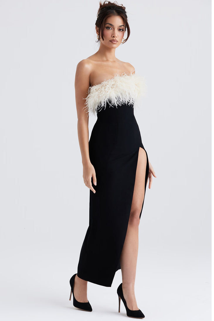 Black strapless midi dress with cream feathered bodice and thigh-high slit — House of CB | Endless UAE