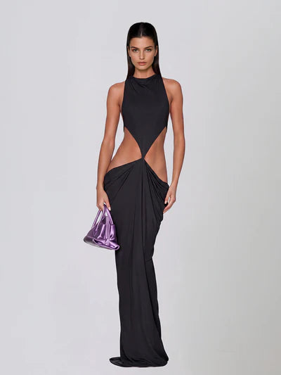 Black backless cutout draped maxi dress with purple bag — Mew Mews | Endless UAE